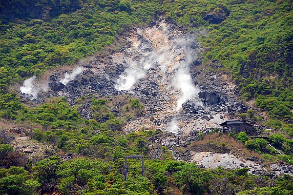 ロープウェイに乗って、大涌谷へ。40万年前の火山活動の名残りを噴煙地で楽しめます。お天気がよければ、美しい富士山を眺めることができます。