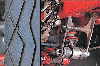 タイヤ空気圧や溝の残量を確認すると同時に、トレッド面の切れるや損傷も点検しておこう。スタンドでタイヤを浮かせた状態で回せば、これまで気付かなかった亀裂が見つかる可能性がある。サスペンションやリンク回りに関しても、ショックアブソーバーからのオイル漏れだけでなくスイングアームを揺すってみることで各部の磨耗具合を類推できる。