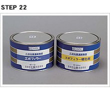 エポフィラーは主剤１㎏と硬化剤0.5㎏がセットとなり、使用時には両者を2:1の割合で混合する。今回の作業では、トータルで主剤45ｇ、硬化剤22.5ｇを使用。