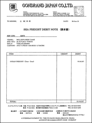 荷物を送る際の請求書。船便でもかなりの額になる。