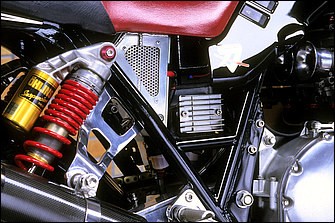 リヤショックはオーリンズのダンパーユニットにハイパープロ製コンスタントライジングレートのスプリング（本来紫色）を赤塗装してセット。スイングアームはカワサキZX-10でエキセントリックチェーンアジャスター装備