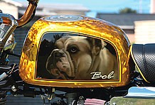 エアブラシで描かれた愛犬BOBに、ゴールドの部分はグラインダーアートで独特な風合いを表現した。