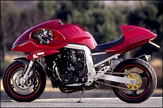 ベースは水冷エンジンを搭載する'93-'94年型GSX-R1100。個性的なフロントカウルのベースとなったのは、油冷車用のカタナ形状カウル。下側部分などにその面影は見られるが、大幅にボリュームアップされている