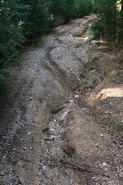 タイヤを飲み込むクレバスが続く勾配のある山道。路面は雨水の通り道がクレバスのように裂けている。エンデューロコースのようにバイクの走ったラインにできるワダチと似ているが、クレバスの底は雨水と一緒に流れた細かい砂が多い。そのためクレバスに落ちるとタイヤを取られてトラクションが抜けやすいのも特徴だ。