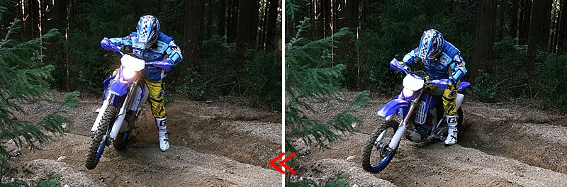 もしクレバスに低いラインが無かったら、やや強引にクレバスを跨いでしまう。上の写真のように手前の山をフロントアップで飛び越せないときは、足の着き易い場所で止まってしまおう。タイヤがクレバスに落ちているので、意外と足が着き易く踏ん張れる。あとは振り子の要領でバイクを前後に振って、勢いをつけてから乗り越えると安全だ。最後はバイクの動きに遅れないように飛び乗る。