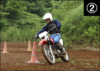 極端なリーンアウトはせず上体をバイクの中心に置いたままスムーズに倒し込み。スロットルは一定に開けている。上体の向きはハンドルと並行になっている。