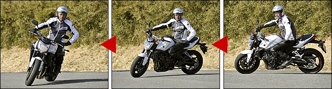 バイクには、車体を傾けたほうに自然にステアリングが切れていく、セルフステアという特性があります。上半身をフレキシブルに保ち、なるべくハンドルを腕力で押さえないようにするのが、セルフステアを引き出すコツです。これを体験するには、片手で低速ターンしてみるといいでしょう。ハンドルが『ガクッ』と切れる感覚が分かればしめたものです。