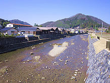 道の駅から200ｍの所にある作用川に沿って、川屋敷や蔵屋敷が残っています。この川で江戸時代は舟を使っての荷物を運搬していたのですが、今は川が浅くなって舟を浮かべることはできません。