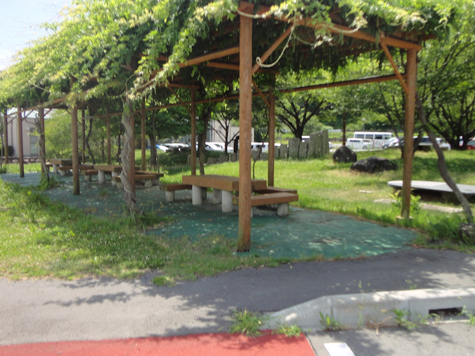 付近には公園もあり藤棚の下で気持ちよく過ごせそうです。また駅隣には温泉アクティブセンターなどの施設があり、プールもありました。