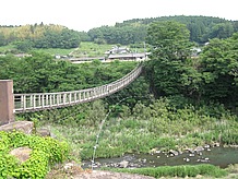 緒方川にかかる吊り橋。橋の中央は滝を真正面から眺めることができる絶好のポイント。休日にはカメラを持った観光客でいっぱいになります。