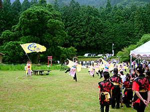 水源公園内の広場で祭りを楽しむ人々。左後方の巨大な杉の木は県の名樹百選に選ばれている一本杉。「水源祭り」はもともと干ばつ時の雨乞い神事。