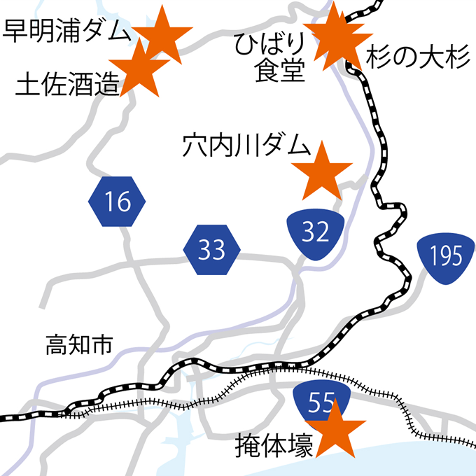 高知県中央部山間ツーリングの地図